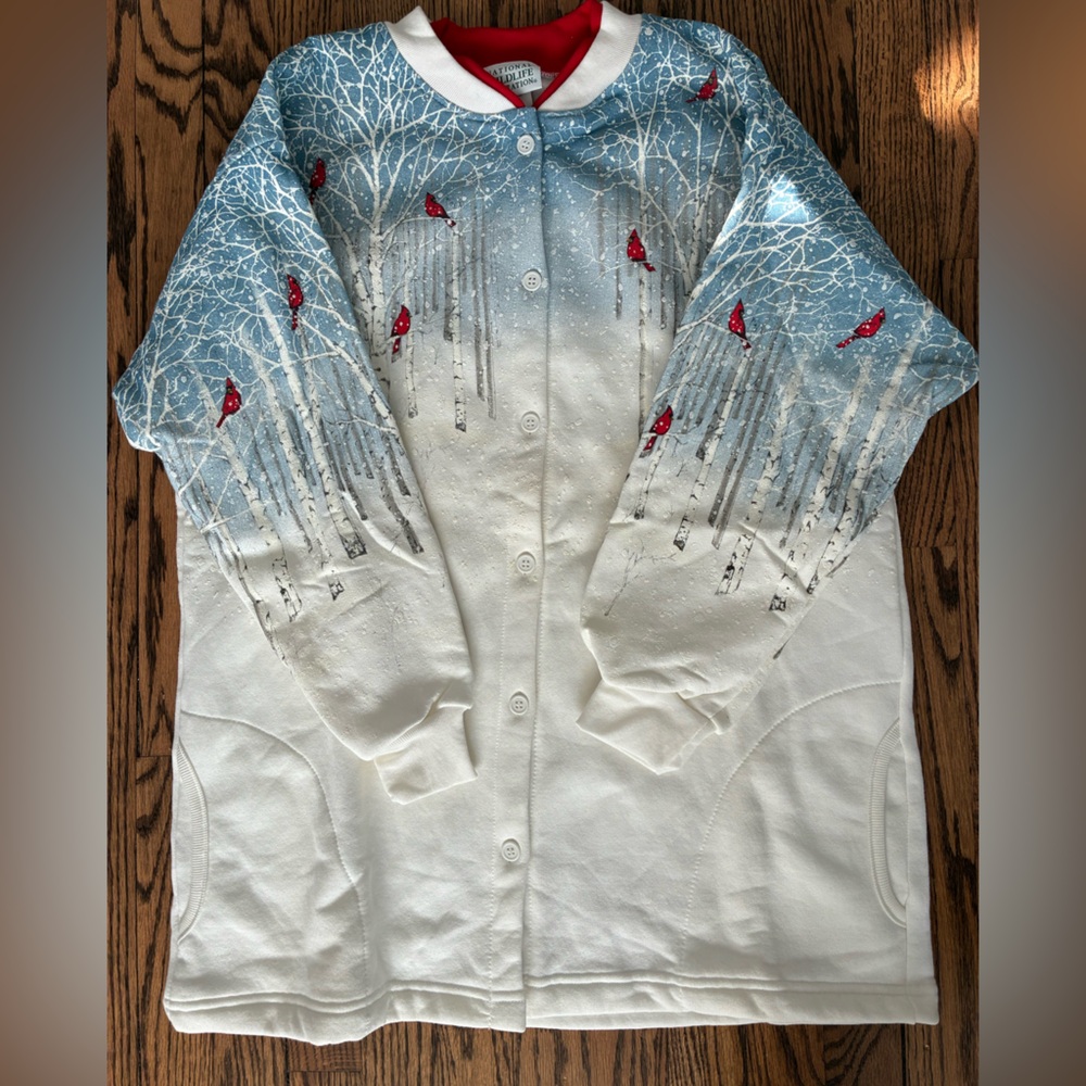 Vintage Winter Themed Button up Sweater with Red Bird Design XL